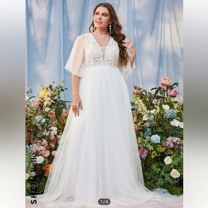 Plus Size Lace Flutter Sleeve Mesh Wedding Dress
